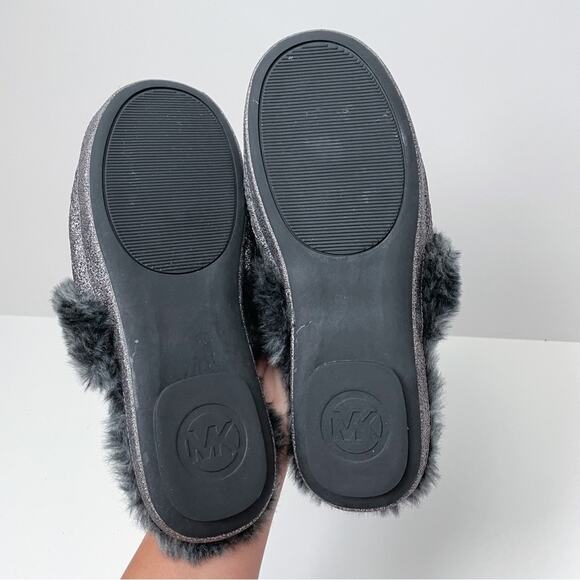 Michael Kors Slippers Fur Glitter Gunmetal Silver Size 6/7 - Picture 4 of 6